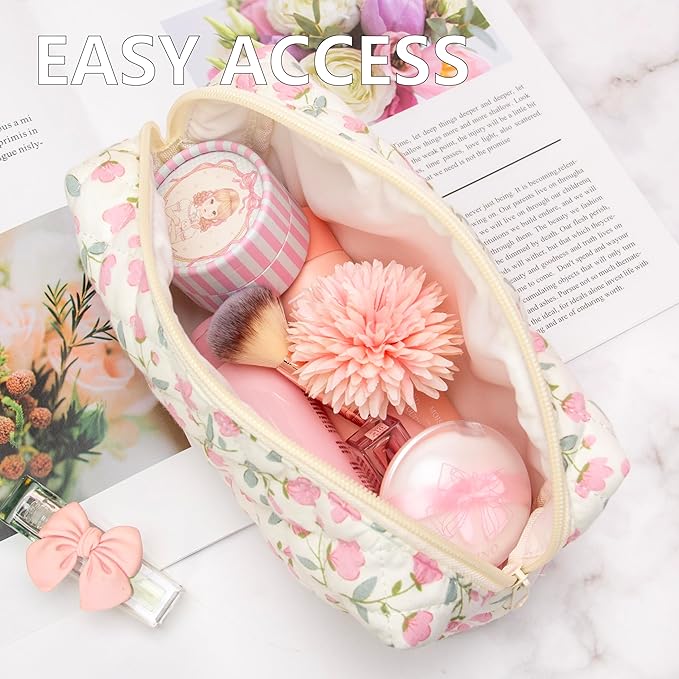 PAZIMIIK 2PCS SET Vintage Quilted Makeup Bag Cosmetic Pouch for Brushes Pencils and Travel Make Up Accessories for Women and Girls Flower White