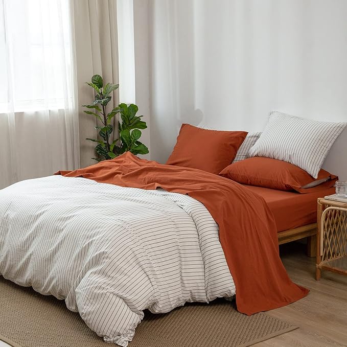 MooMee Bedding Sheet Set 100% Washed Cotton Linen Like Textured Breathable Durable Soft Comfy (Solid Rust Brown, Queen)
