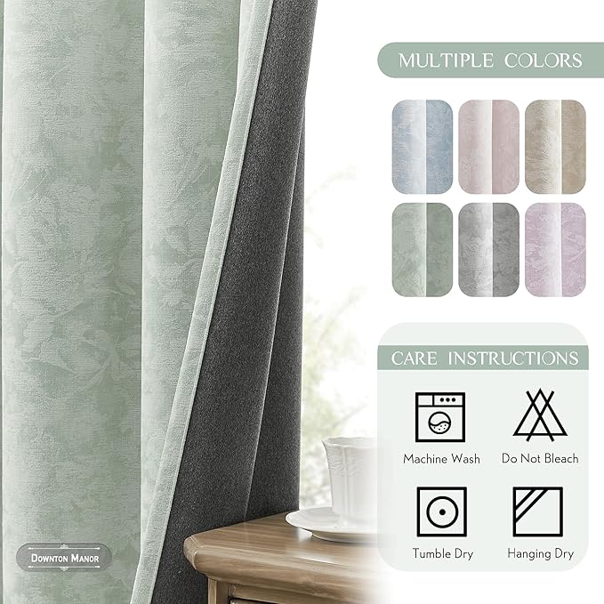 Beauoop Green Floral Jacquard Blackout Curtains 96 Inches Long 2 Panels for Bedroom Living Room Sage Flower Chenille Room Darkening Thermal Insulated Soundproof Grommet Window Treatments Drapes, 52x96