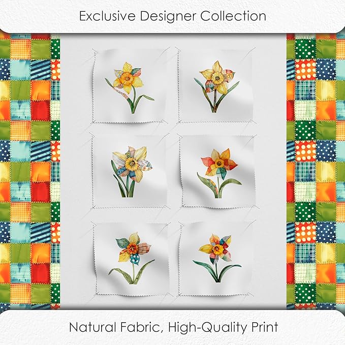 Daffodil Patchwork Cotton Fabric Panel – 6 Designs (10×10 inch Each) + Bonus Patchwork Sheet 29.5×19.6 inch, 100% Cotton 140 GSM