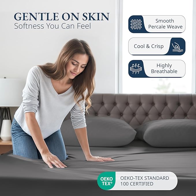 LANE LINEN Full Size Fitted Sheet, 100% Organic Cotton, 3Pc Set (1 Fitted Sheet,2 Pillowcases), Percale Weave, Bottom Sheet, Breathable, Fits Mattress Upto 15" Deep - Charcoal(No Flat Sheet)