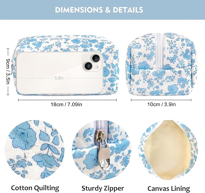 STARDW Cute Quilted Floral Makeup Bag for Women, Large Capacity Travel Toiletry Bag with Zipper and Canvas Lining