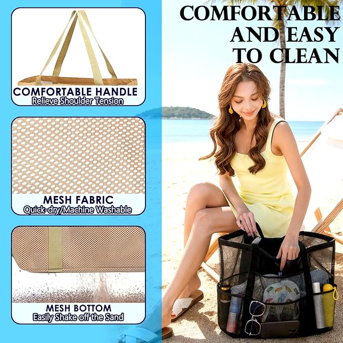 Fammart Mesh Beach Bag, Large Beach Tote with Zipper Pocket for Family Pool Bag for Toys & Vacation Essentials