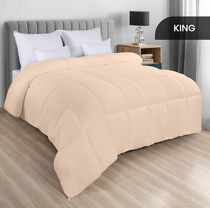 Utopia Bedding Comforters King Size, All Season Duvet Insert, Down Alternative Box Stitched Bed Comforter with Corner Tabs, Machine Washable (Beige)