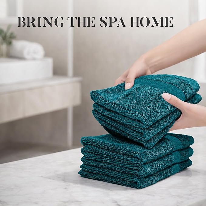 RIVERSIDE 12 Pack Premium 100% Cotton Face Wash Cloths, 12 x 12 Inches, Soft & Absorbent Face Towels for Bathroom Wash Clothes, 550 GSM, Luxury WashCloths for Showering, Body, Spa & Gym, Teal