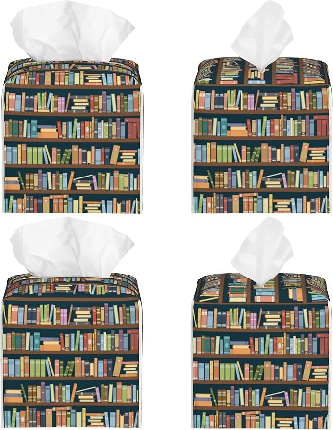 POIUBLE Tissue Box Holder Bookshelves Full of Books Tissue Box Cover Square Leather Tissue Holder Organizer Portable Decorative Facial Paper Case for Home Office Bathroom Vanity Countertop