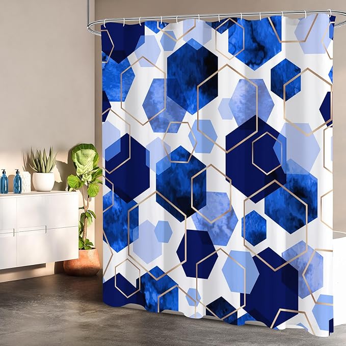 Litabel Modern Small Stall Shower Curtain for Bathroom, Royal Blue Geometric Art Decor Waterproof Bath Curtain, Abstract Fabric Shower Curtain Sets for Home Decor, 36" W x 72" L Inch