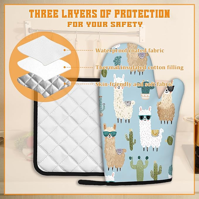 Cute Alpacas Oven Mitts and Pot Holders Set,Cactus Kitchen Decor Heat Resistant Non Slip Hot Pads and Oven Mitt for Chef Cooking Baking BBQ Mom Girl Gifts(4 Piece Set)