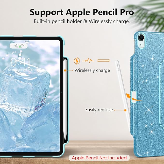 Fintie Rotating Case for iPad Air 13-inch (M3) 2025, (M2) 2024-360 Degree Swiveling Protective Stand Cover with Pencil Holder, Auto Wake/Sleep, Glittering Blue