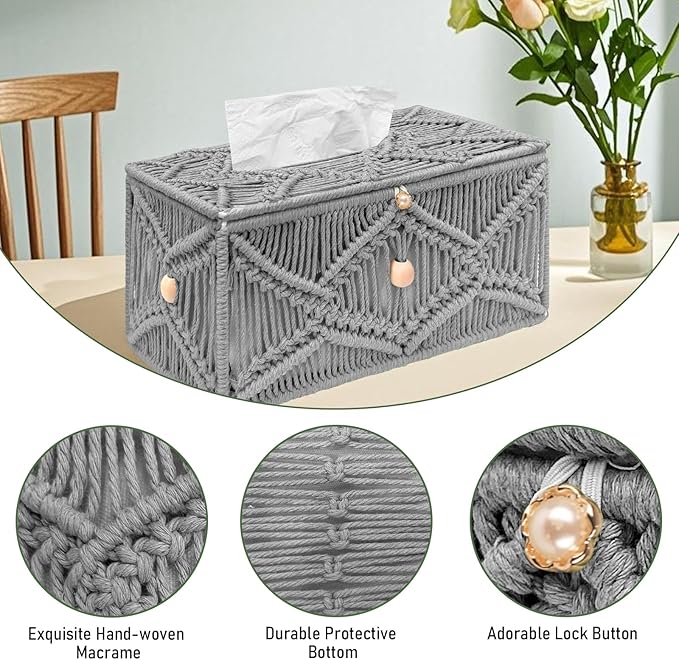 KaloKalo Handmade Tissue Box Cover Rectangle Decorative Macrame Boho Tissue Holder Cotton Rope Woven Napkin Facial Paper Organizer Bohemian Desk Storage Container with Buckle Wood Beads (Grey)