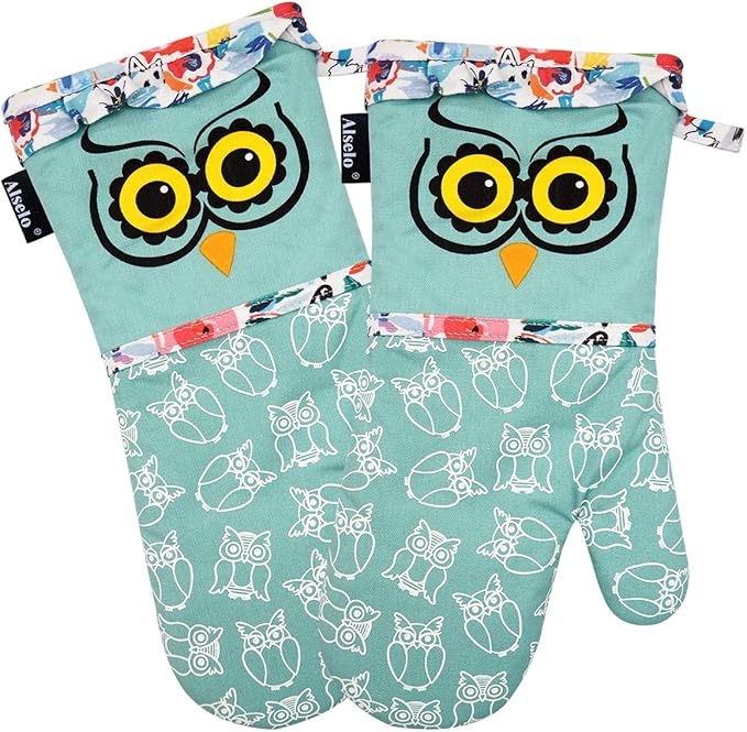 Oven Mitts, Heat Resistant with Soft Quilted Cotton Lining Set of 2, Fashion Animal Design with Silicone Printing Anti-Slip Kitchen Gloves for Safe Backing Cooking Barbecue (Green 2)