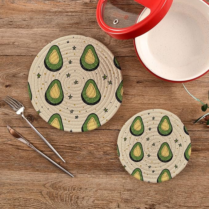 Avocados Stars Dots Minimalist White Trivets for Hot Dishes Pots and Pans Potholders Woven Trivet Cotton Round Large Pot Holder Decor Heat Resistant Hot Pads Mat for Table Counter Cooking Potho
