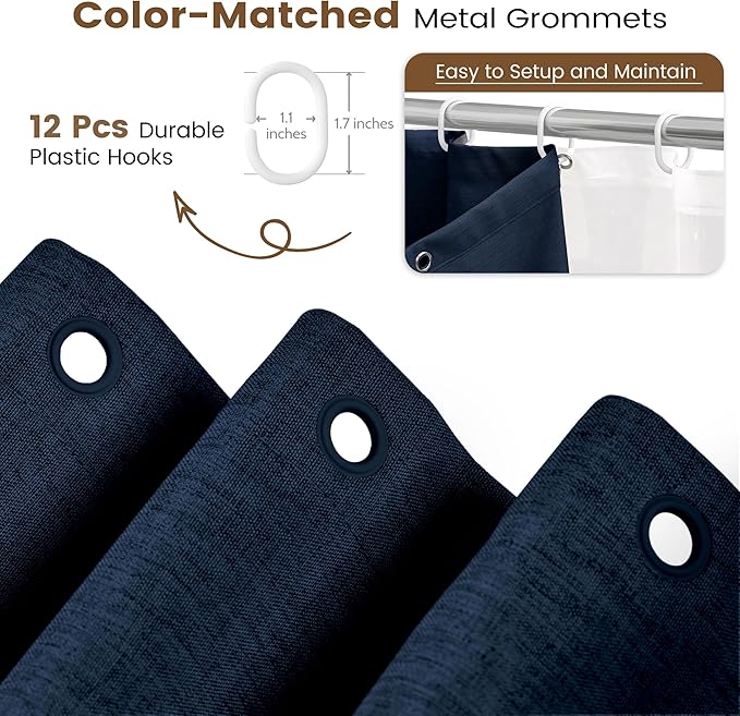 BTTN 3 in 1 Shower Curtain with Liner - 84 Inch Extra Long Linen Textured Fabric Shower Curtain Set with Plastic Hook, Tall Modern Heavy Duty Waterproof Shower Curtain for Bathroom, Navy Blue, 72x84