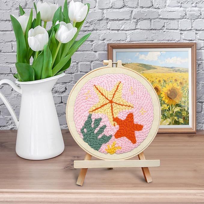 ERKOON Punch Needle Kit Adults Beginners, DIY Easy Sea Animals Embroidery Set for Starter Art Craft, Needling Punch Project with Patterns, Tools, Yarns, Hoop, Instruction (Starfish)