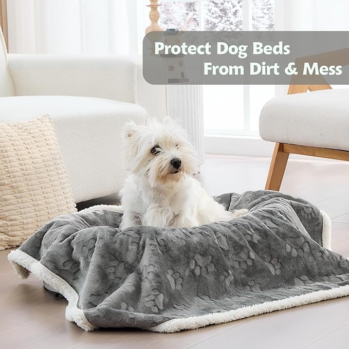 Qeils Pet Blankets for Cats - Waterproof Cat Blanket Washable - Sherpa Fleece Puppy Blanket, Soft Plush Reversible Throw Protector for Bed Couch Car Sofa, Grey 25x30 INCH