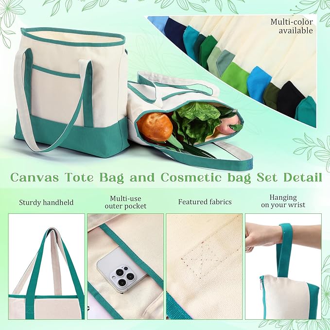 Sanwuta Canvas Tote Bags Bulk with Outer Pocket and Makeup Pouch 18'' Reusable Grocery Bags with Handles for Women Beach DIY