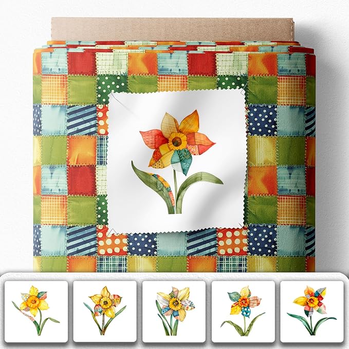 Daffodil Patchwork Cotton Fabric Panel – 6 Designs (10×10 inch Each) + Bonus Patchwork Sheet 29.5×19.6 inch, 100% Cotton 140 GSM