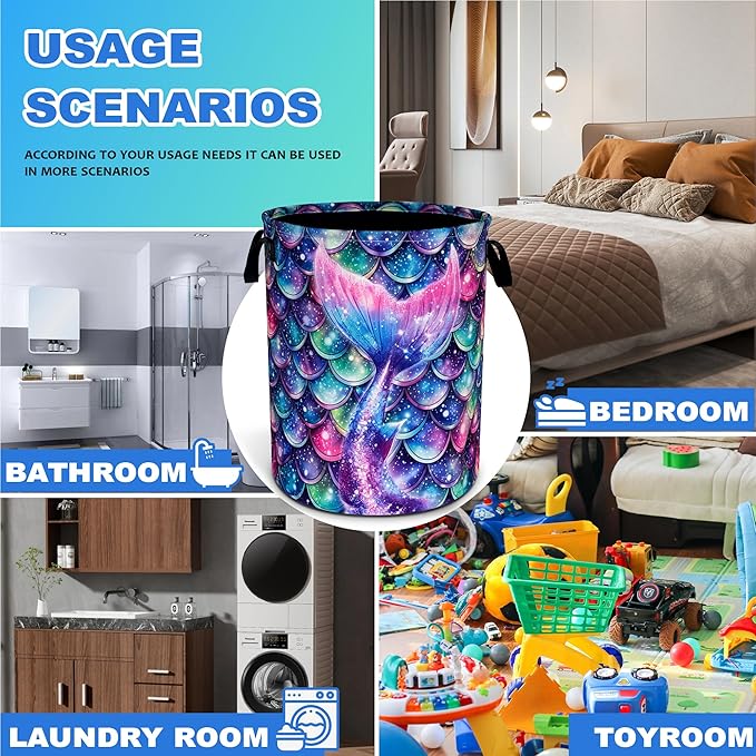Mermaid Tail Scales Laundry Basket Oxford Cloth Colorful Fish Scales Laundry Hamper With Handle Foldable Portable Clothes Storage Basket 18.9 X 16.5 In Storage Bag For Laundry Room/Bathroom/Bedroom