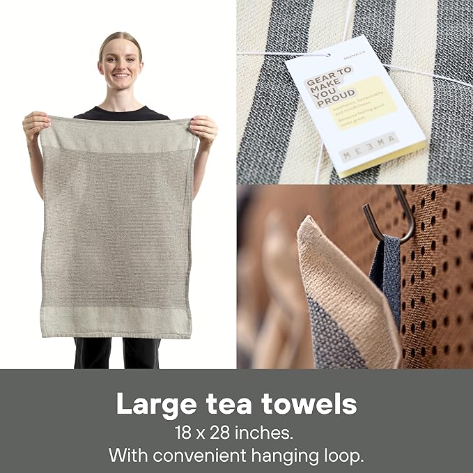 MEEMA Kitchen Towels and Dishcloths Sets of 4 | Large 18 x 28 Inch | Upcycled Cotton Tea Towels for Kitchen | Super Absorbent Cotton | Charcoal | Hand Towels