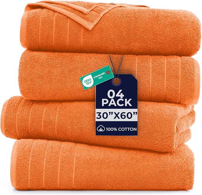 DAN River Extra Large Bath Towels Set of 4, 30 x 60 Inches - 100% Cotton Larger & Lighter Weight Towels for Bathroom - Quicker to Dry, Super Soft & Highly Absorbent Towels for Home, Orange