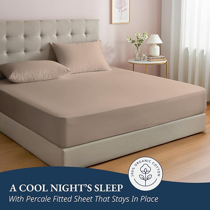 LANE LINEN Full Fitted Sheet, 100% Organic Cotton, 3-Piece Set (1 Fitted Sheet,2 Pillowcases), Percale Weave, Full Bed Bottom Sheet, Ultra Soft, Fits Mattress Upto 15" Deep - Taupe(No Flat Sheet)