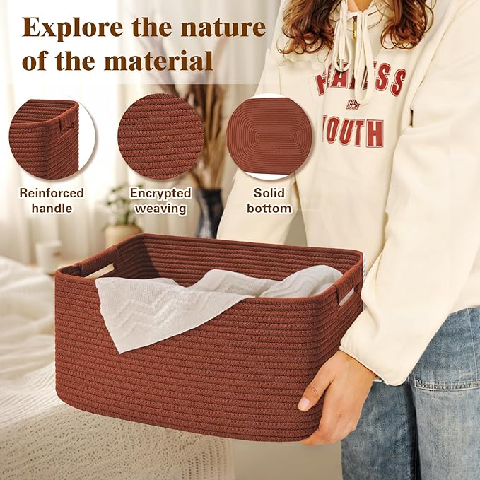 2 Pack Large Storage Basket for Organizing, 17.5"x13.5"x7.5" Woven Basket for Shelves, Closet Cube Storage Bins with Wrapped Handle, Cotton Rope Baskets for Kitchen, Clothes, Toys(Oxide Red)
