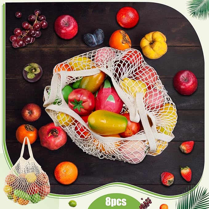 SATINIOR 8/16 Pcs Large Cotton Mesh Grocery Bags 16x16x12 Inch Reusable Cotton String Shopping Bag Beige Produce Container