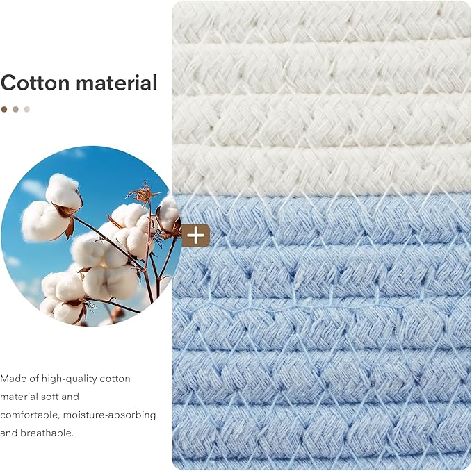 ECDYQXVU 5 Piece Storage Baskets Small Woven Basket with Detachable Leather Handle, Cotton Rope Shelf Baskets for Closet Organizers, Different Sizes Basket Decor, White Blue