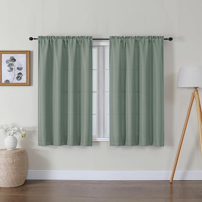 Lecloud Bessie Sage Green Curtains 45 Inch Length 2 Panels, Soft Faux Linen Weave Light Filtering Drapes, Airy Rod Pocket Rustic Window Treatments for Bedroom Basement Laundry Room, Each 30" W x 45" L