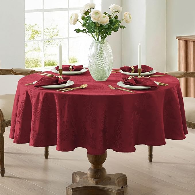 Newbridge Barcelona Damask Fabric Tablecloth, 90 Inch Round, Burgundy – No Iron, Soil Resistant Table Cover for Dining, Parties and Holidays