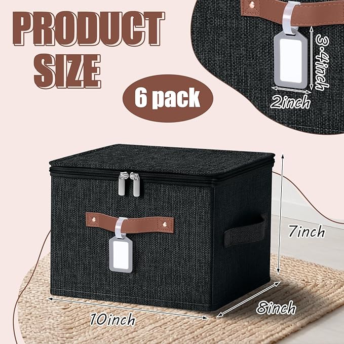 Fiwochic 6 Pack Fabric Storage Bins with Lids and Label, 10×8×7Inch Foldable Cotton Linen Cute Storage Boxes with PU Leather Handles for Closet, Bedroom, Shelf, Nursery, Black