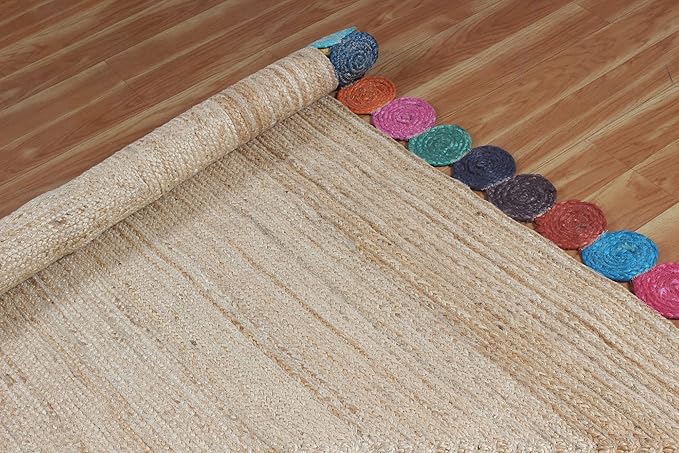 Scalloped Edge Rug, Hand Woven Natural Jute Area Rug, 3x3 Ft Square Beige & Multicolor Braided Kilim Rugs for Living Room, Kitchen, Entryway, Farmhouse