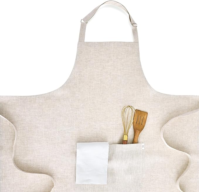 Solino Home 100% Pure Linen Apron for Women & Men - Full Midi Bib Apron Adjustable Neck Strap with Center Pockets for Kitchen