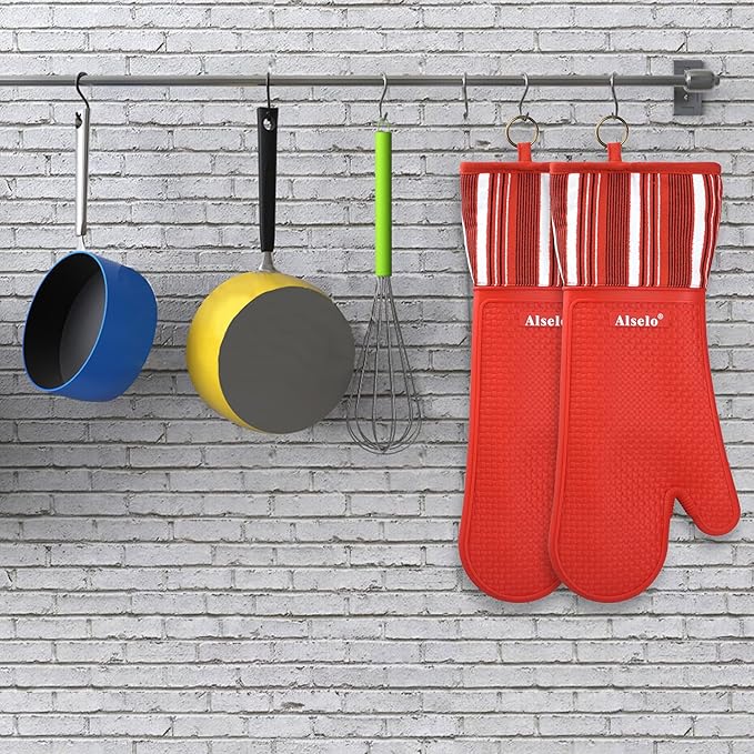Silicone Oven Mitts Heat Resistant 550 Degree, Extra Long Kitchen Mittens with Non-Slip and Waterproof Pot Holders for Baking Cooking Barbecue Microwave Machine Washable(Extra Long red, 2)