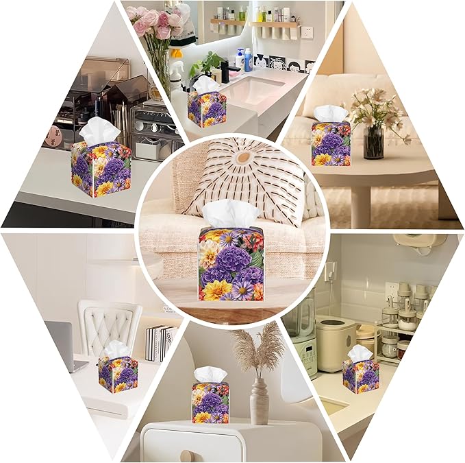 BLYKVGHQ Hydrangea and Dahlia Flower Tissue Box Cover Square, Daisy Tissue Box Holder with Bottom Belt Leather Facial Paper Organizer Dispenser for Bathroom Bedroom Dresser Night Stand Tabletop