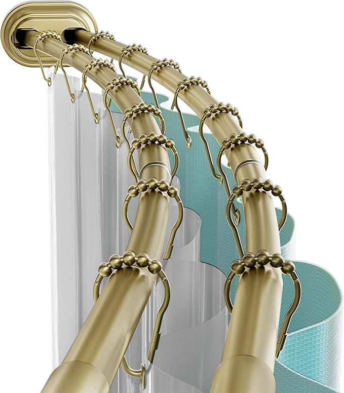 Zenna Home Rustproof Double Curved Shower Curtain Rod, No Drill Tension Mount, 50 to 72 Inches Adjustable Tension Shower Rod for Bathroom, Curves Out for Extra Room, Gold