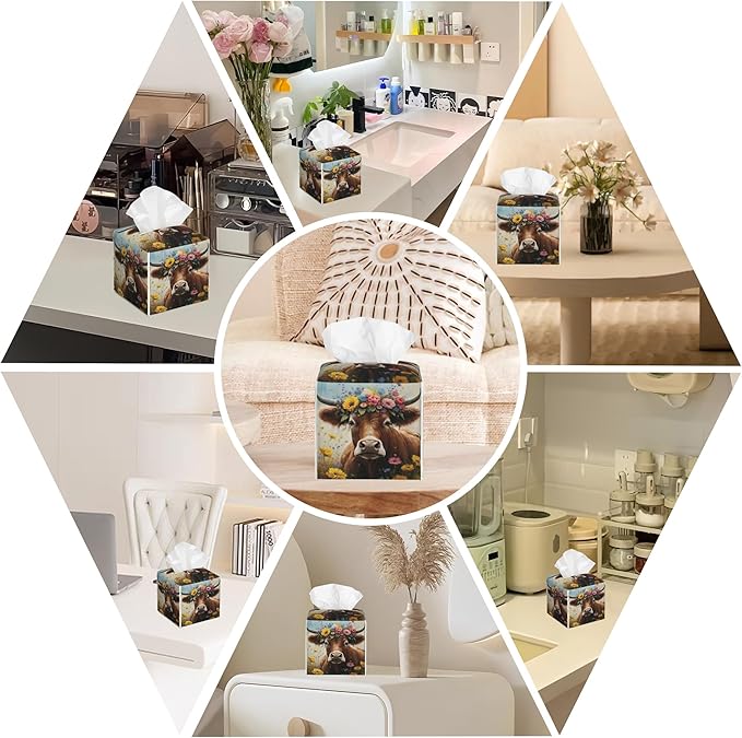 BLYKVGHQ Leather Tissue Box Holder Cow with Flowers Tissue Box Cover Facial Paper Case Organizer Cube Napkin Dispenser for Bathroom Vanity Countertop Night Stand Office Car