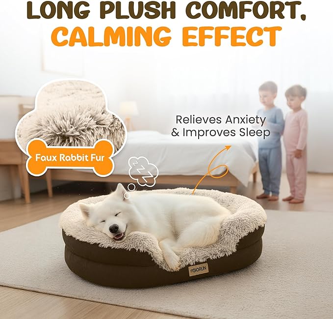 Miorun Fluffy Orthopedic Dog Bed for Small & Medium Dogs, Calming Plush Sofa Bed with Curved Bolster Support and Egg-Crate Foam Base, 35" Cozy Oval Pet Donut Bed with Washable Cover, Coffee