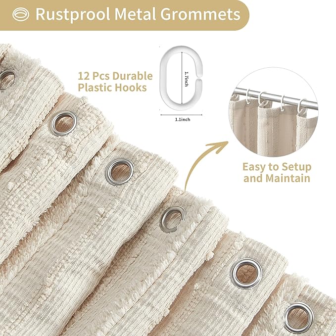 Lameirose Beige Shower Curtain Boho, 72 x 72 Cotton Blend Waffle Weave Stripe Textured Heavy Duty, Fabric Shower Curtain for Bathroom, Hotel, Washable