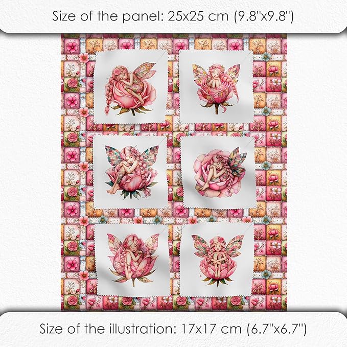 ‍ Pink Fairy Patchwork Cotton Fabric Panel – 6 Designs (10×10 inch Each) + Bonus Patchwork Sheet 29.5×19.6 inch, 100% Cotton 140 GSM