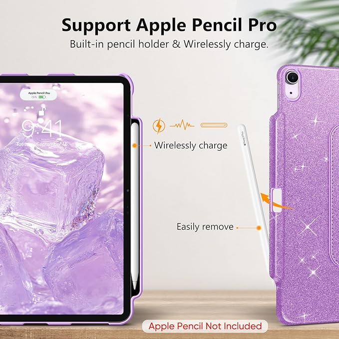 Fintie Rotating Case for iPad Air 13-inch (M3) 2025, (M2) 2024-360 Degree Swiveling Protective Stand Cover with Pencil Holder, Auto Wake/Sleep, Glittering Purple