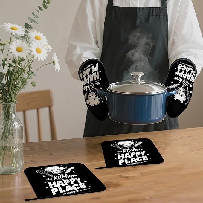 Funny Oven Mitts and Pot Holders Set,The Kitchen is My Happy Place Kitchen Decor Heat Resistant Non Slip Hot Pads and Oven Mitt for Chef Cooking Baking BBQ Mom Girl Gifts(4 Piece Set)