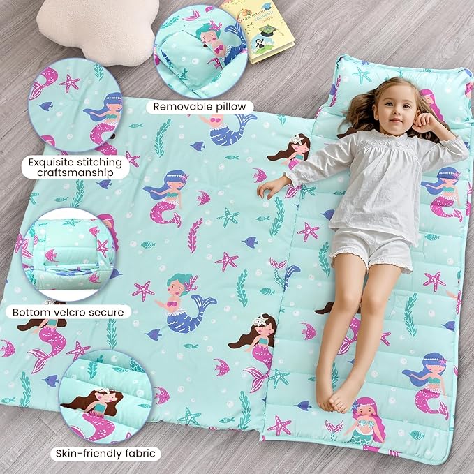 david's kids Toddler Nap Mat Set with Removable Pillow, Ultra Soft Slumber Bags for Boys Girls Neutral，Perfect for Preschool, Daycare, Kids Sleeping Bags with Rollup Design, 50"x20", Mermaid
