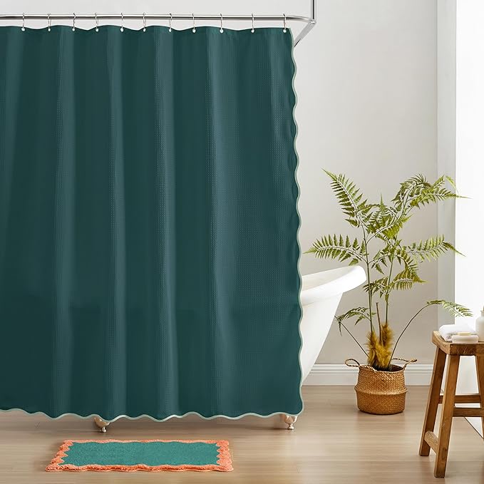 MONDAY MOOSE Scalloped Waffle Weave Shower Curtain with Rustproof Metal Grommet Holes for Bathroom, Machine Washable, Hooks Included (72x72 inch, Light Sage/Dark Teal)