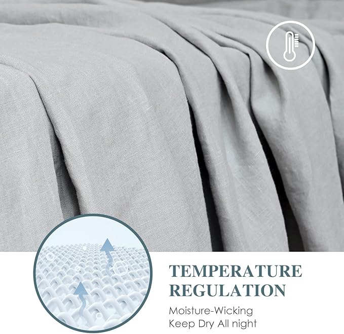 Sijo Stone Washed Organic French Linen Bed Sheet Set, GOTS Certified Organic, Best Cooling Linen Sheet Award by Sleep Foundation, 1 Flat Sheet Only (Dove, King/Cal King)