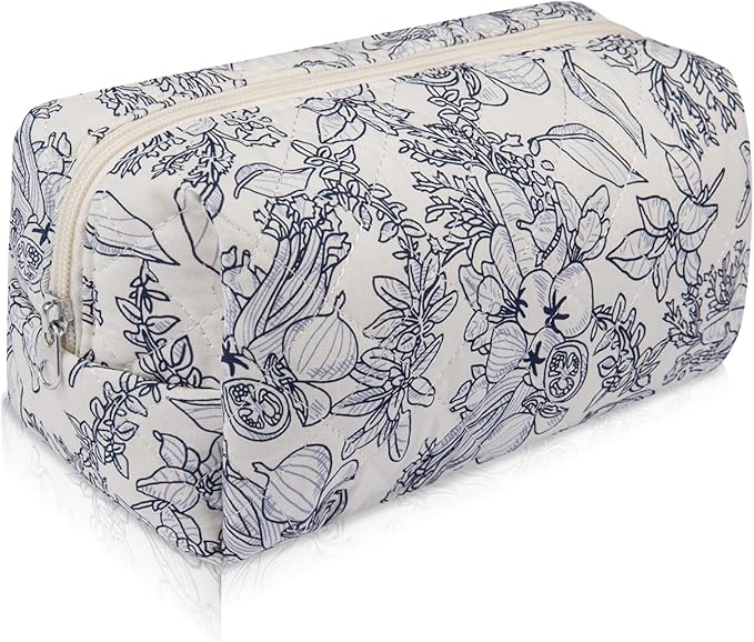 Gosect Floral Makeup Bag, Cute Cosmetic Bag for Women Girls, Quilted Cotton Make up Pouch, Travel Makeup Bags, Portable Storage Toiletry Organizer Bag(Navy Blue)