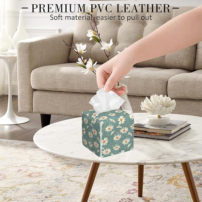 POIUBLE Leather Tissue Box Holder White Daisy Tissue Box Cover Square Waterproof Tissue Holder Organizer Modern Napkin Holder for Bedroom Dresser Night Stand Office Desk