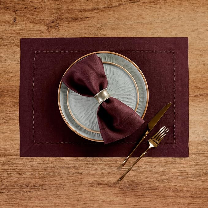 Solino Home Linen Cloth Napkins Set of 4-100% Pure Linen Burgundy Dinner Napkins 20 x 20 Inch for Valentines, Winter - Classic Hemstitch, Handcrafted and Machine Washable