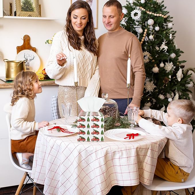 Red Car and Trees Tissue Box Cover, Christmas Leather Tissue Holders Decorative for Home Office Kitchen Bathroom Organizer, Square Facial Paper Organizer Christmas Table Decor -035
