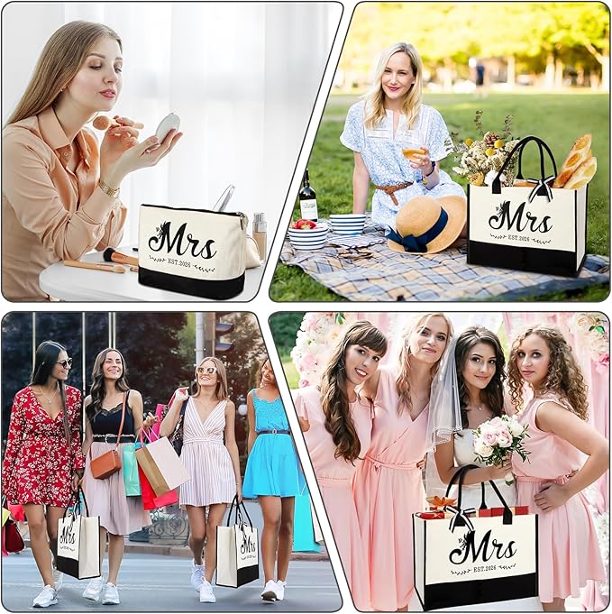 Vanqruo Mrs 2026 Canvas Tote Bag for Bride with Cosmetic Bag, Bride Gifts for Bridal Shower, Wedding Gifts for Bride to Be, Engagement, Bachelorette Party, Honeymoon, Miss to Mrs